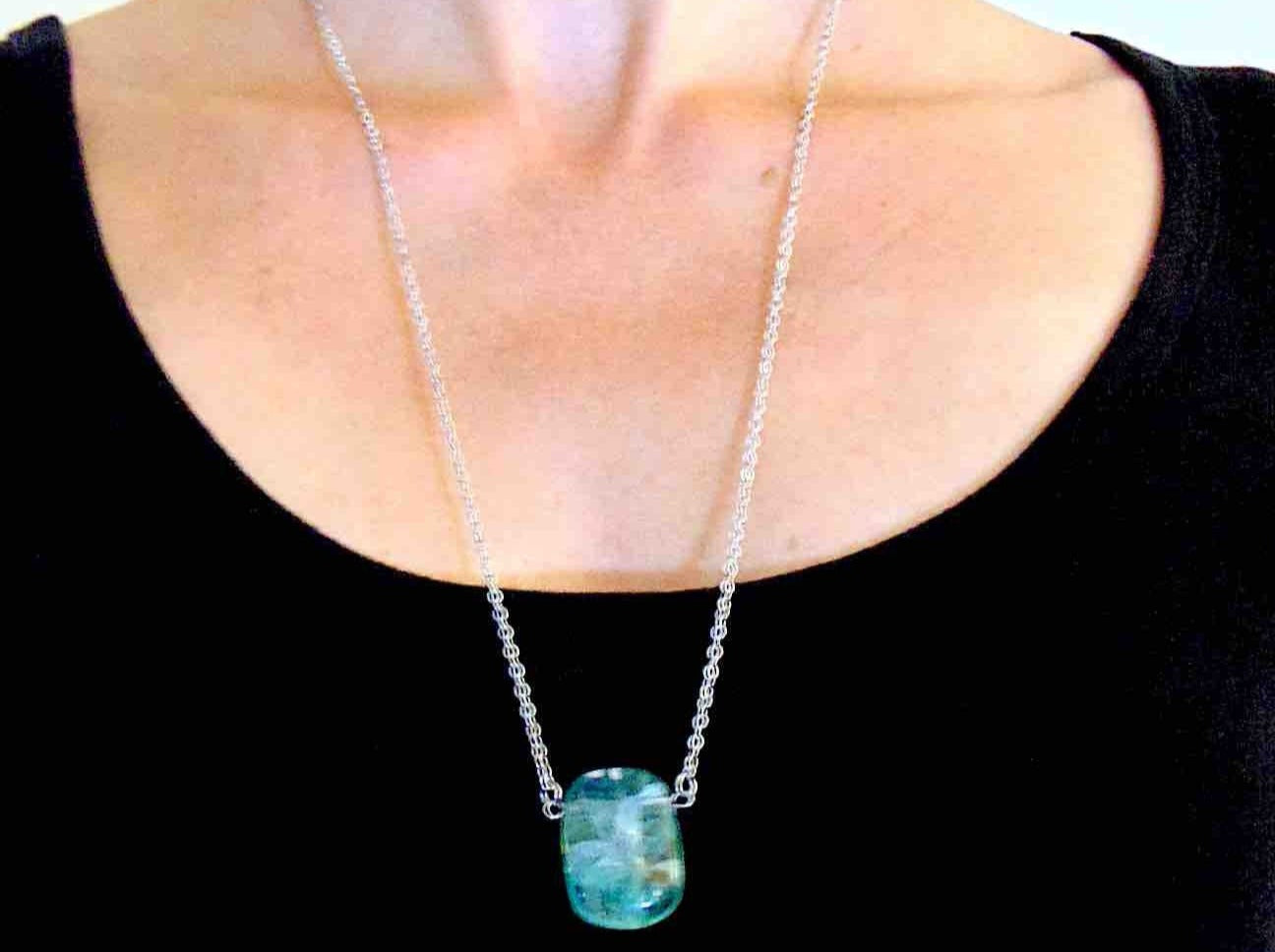 26-inch necklace with rectangular translucent light green fluorite stone pendant, stainless steel chain