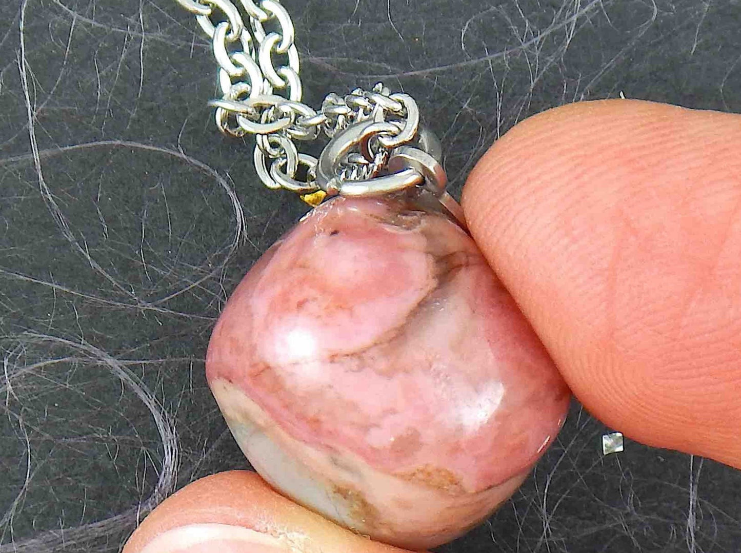 16-inch necklace with pink and gray rhodonite stone nugget pendant, stainless steel chain