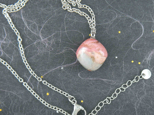 16-inch necklace with pink and gray rhodonite stone nugget pendant, stainless steel chain