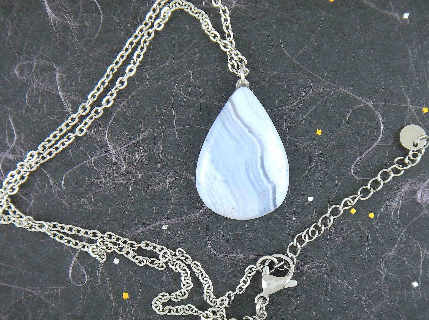 16-inch necklace with marbled blue lace agate stone drop pendant, stainless steel chain