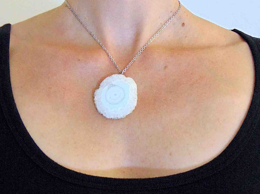 16-inch necklace with large solar quartz stone circular pendant, white with a hint of blue, stainless steel chain
