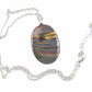 16-inch necklace with oval iron tiger stone pendant, gray-red-golden brown stripes, stainless steel chain