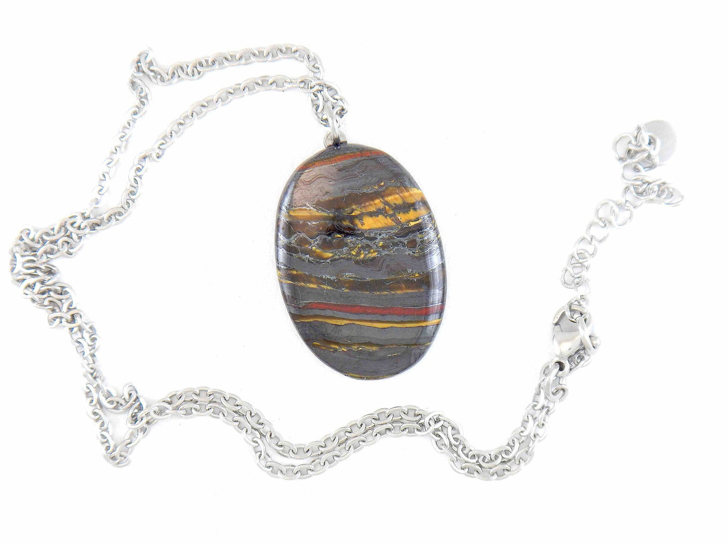 16-inch necklace with oval iron tiger stone pendant, gray-red-golden brown stripes, stainless steel chain