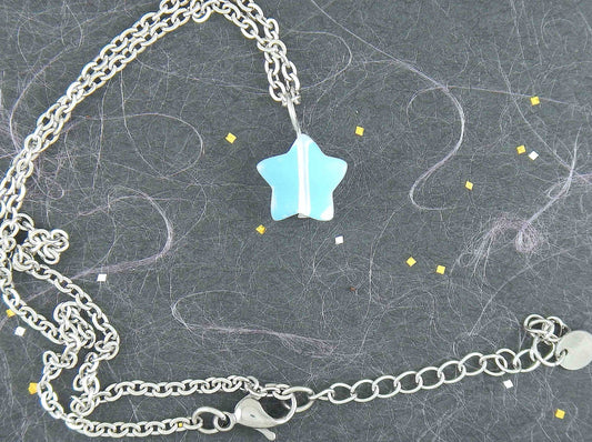 14-inch necklace with small opalescent white synthetic moonstone (opalite) star-shaped pendant, stainless steel chain