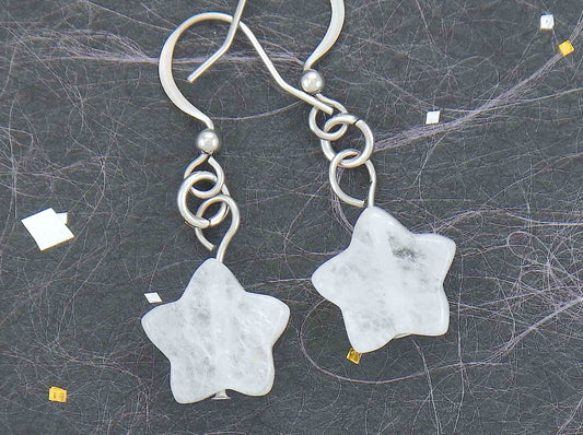 Short earrings with small white quartz stone stars, stainless steel hooks