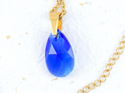 15-inch necklace with 20mm indigo Majestic Blue Swarovski crystal drop pendant, gold-toned stainless steel chain