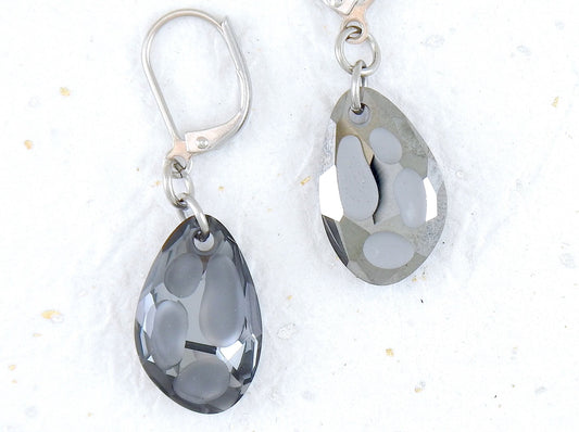 Short earrings with Silent Night grey Swarovski crystal Radiolarian drops, 3-dimensional crater pattern, stainless steel lever back hooks