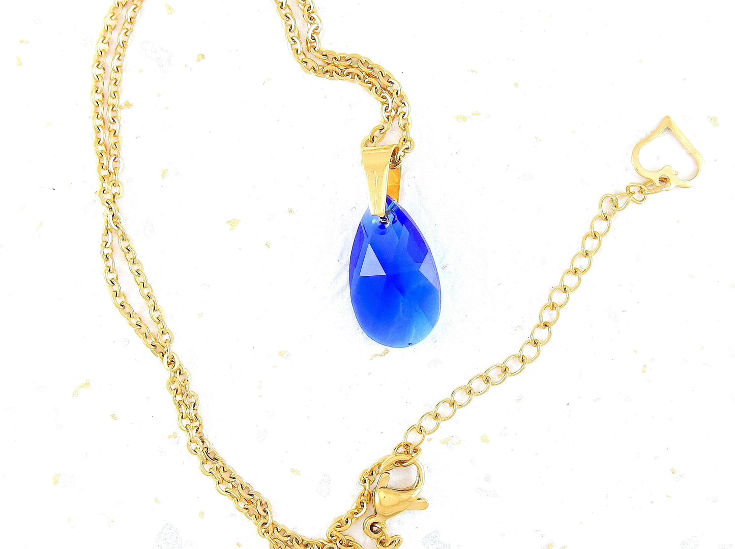 Collier 15 po avec pendentif goutte de cristal Swarovski 20mm bleu Majestic, chaîne acier inoxydable dorée