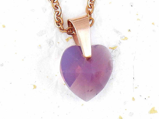15-inch necklace with 15mm smoky lilac faceted Swarovski crystal heart pendant, rose gold-plated stainless steel chain