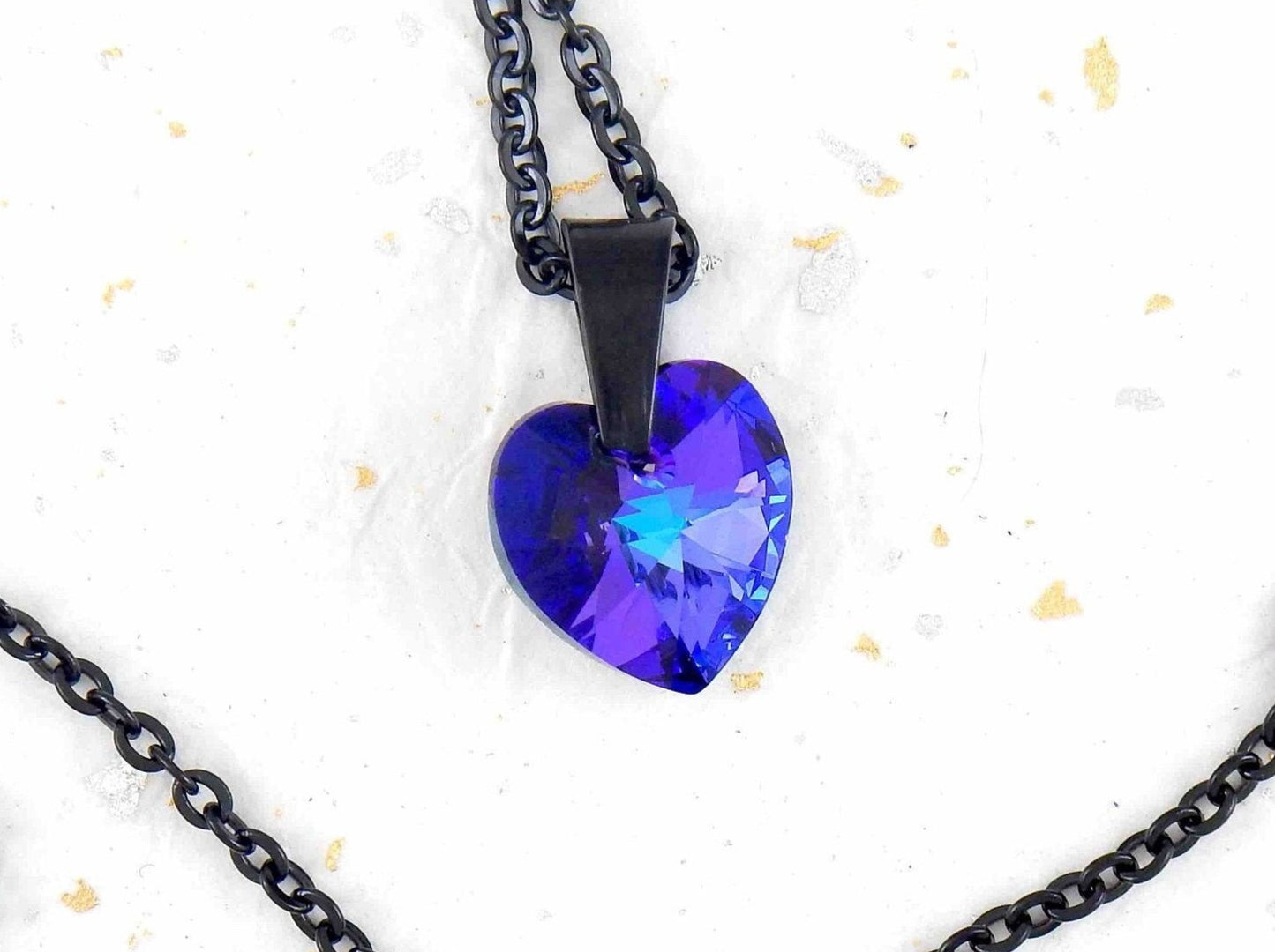 15-inch necklace with Heliotrope (deep violet-blue) faceted Swarovski crystal heart pendant (10mm or 15mm), black stainless steel chain
