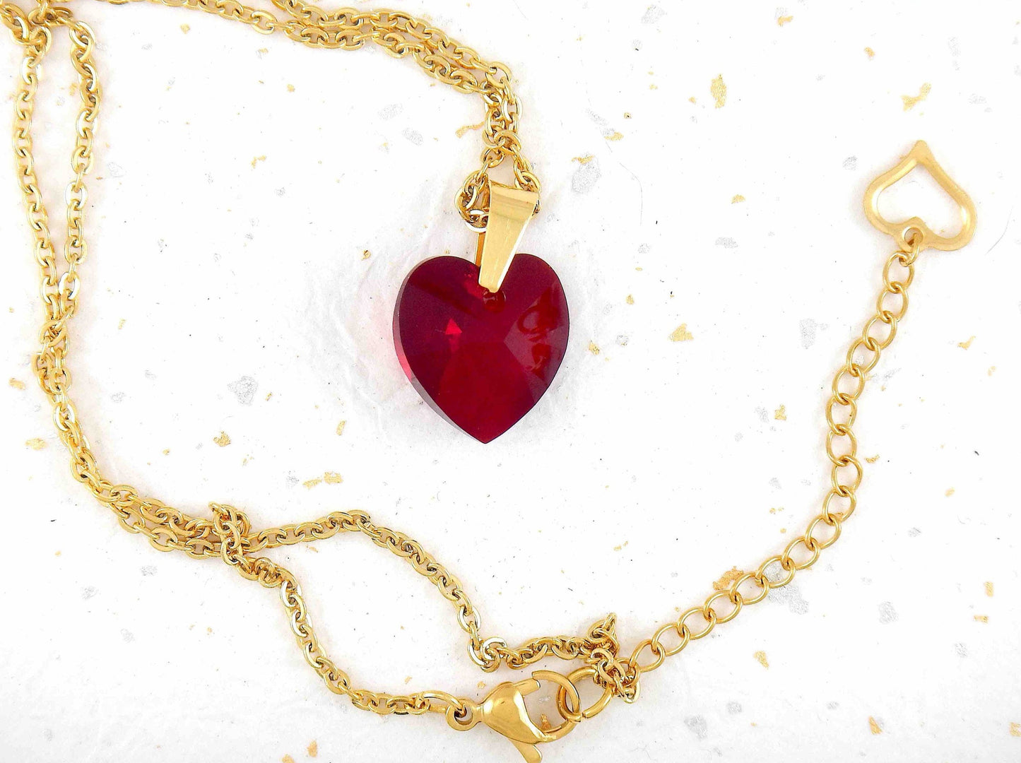 16-inch necklace with 20mm deep red faceted crystal heart pendant, regular or gold-toned stainless steel chain
