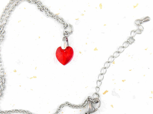 15-inch necklace with 10mm bright light red faceted Swarovski crystal heart pendant, stainless steel chain