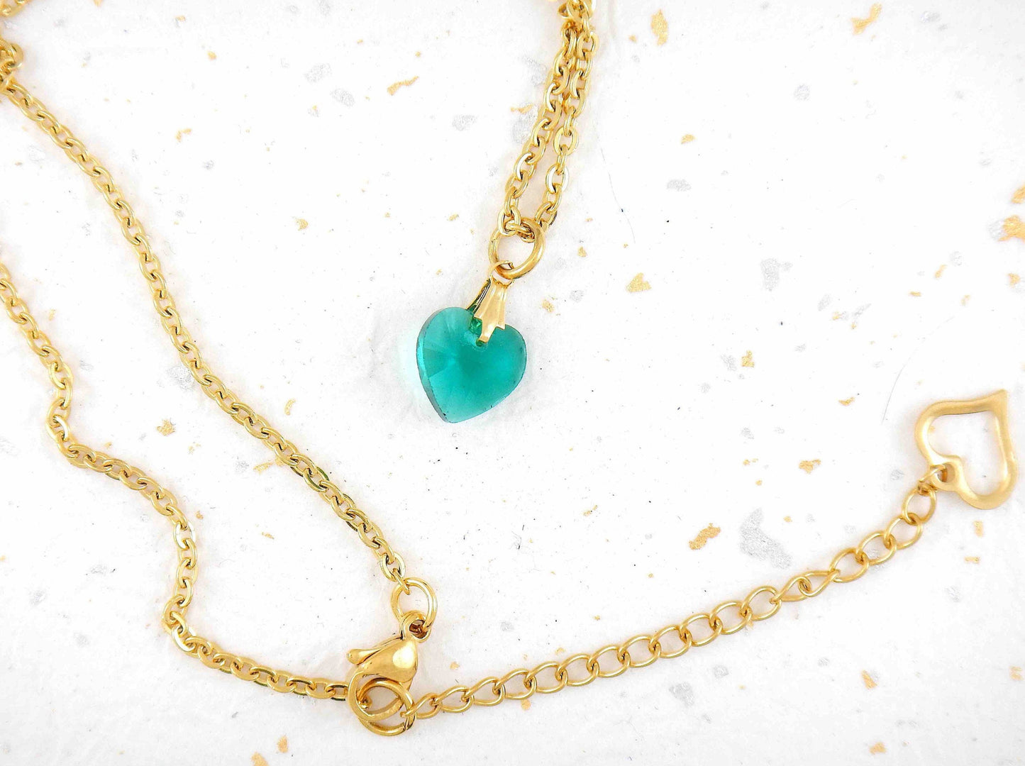 Collier 15 po à pendentif coeur de cristal Swarovski turquoise facetté 10mm, chaîne acier inoxydable