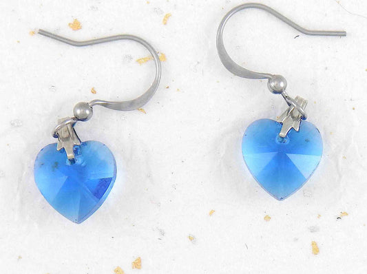Short earrings with 10mm faceted blue Swarovski crystal hearts, stainless steel hooks