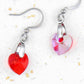 Short earrings with 10mm faceted Light Siam (bright red) Swarovski crystal hearts, stainless steel hooks