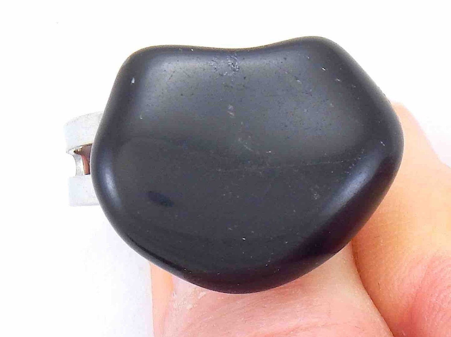 Finger ring with large smooth baroque black obsidian stone cabochon, stainless steel adjustable base