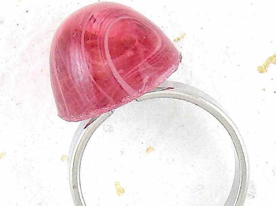 Finger ring with large marbled pink vintage glass dome, adjustable stainless steel base