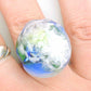 Finger ring with massive round glass cabochon (Murano style glass handmade in Montreal), white-blue-green glacier effect, stainless steel adjustable base (US 7-8)