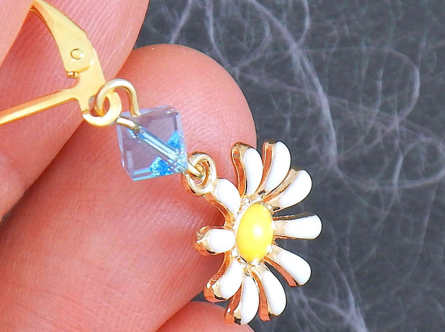 Short earrings with tiny white and yellow enamelled daisies, choice of green-red-blue Swarovski crystals, gold-toned stainless steel lever back hooks