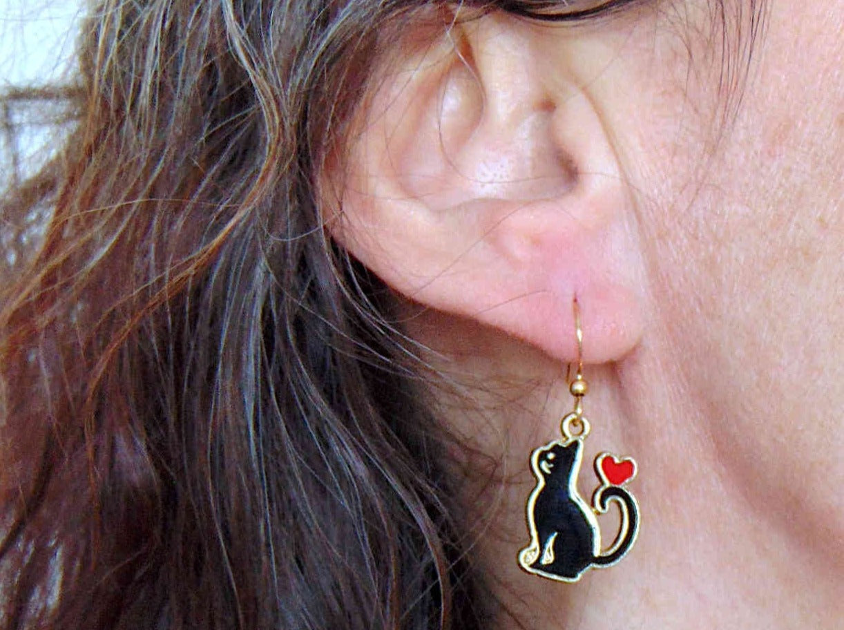 Short earrings "Cat Love" with enamelled black cats and red hearts, gold-toned stainless steel hooks