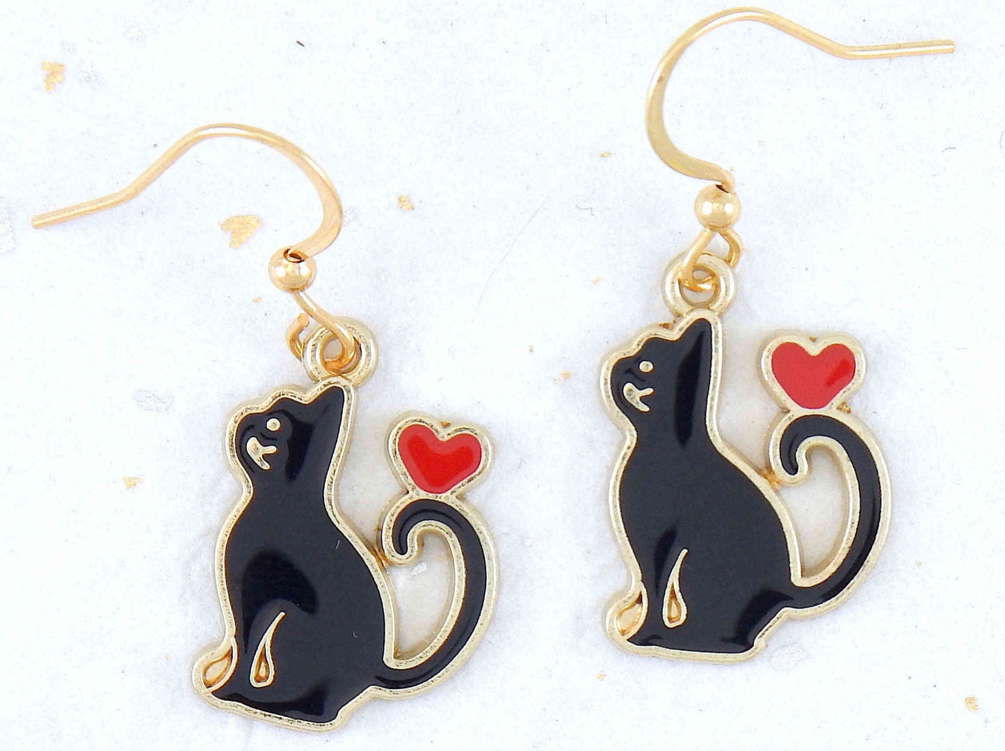 Short earrings "Cat Love" with enamelled black cats and red hearts, gold-toned stainless steel hooks
