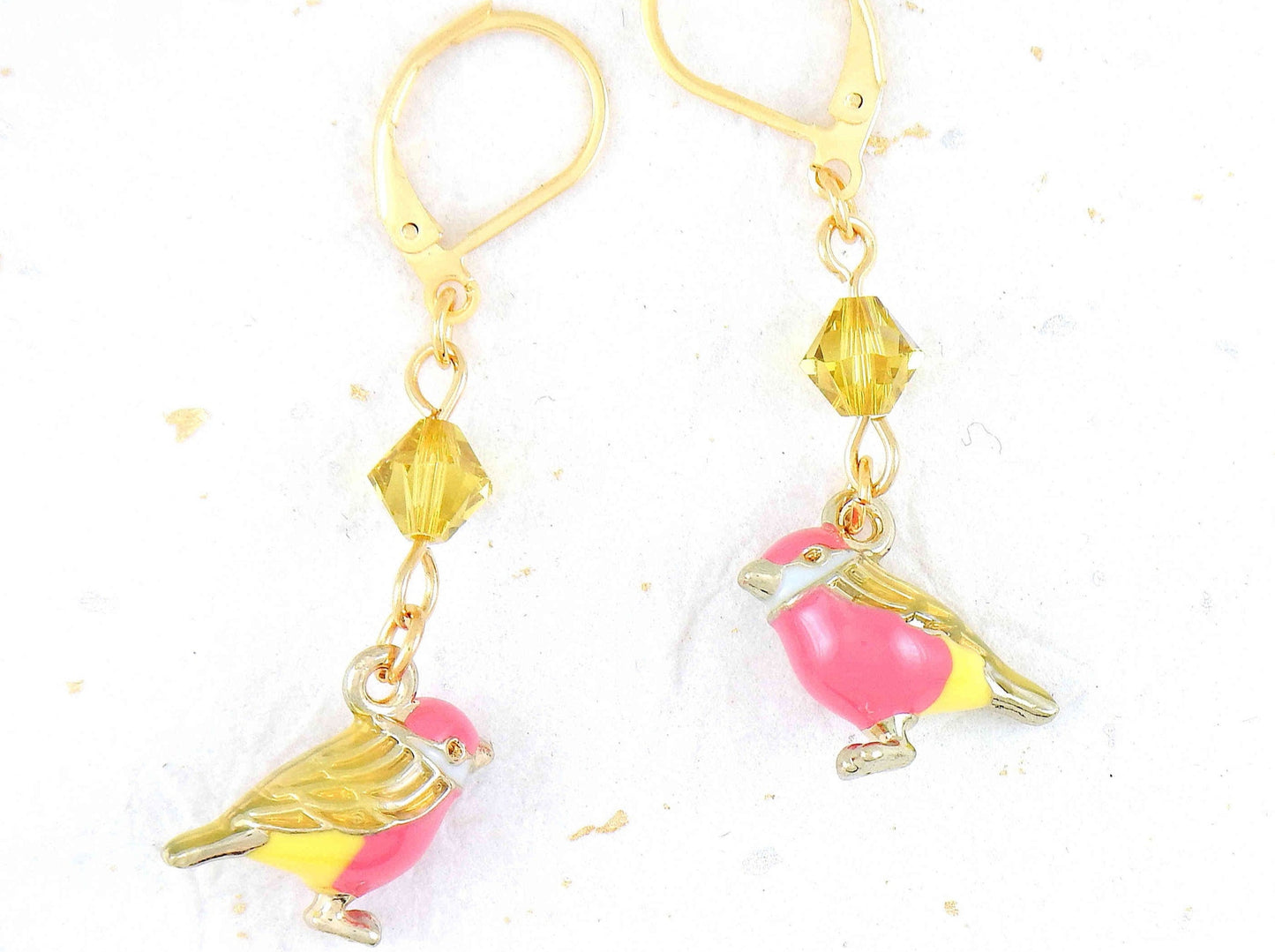 Short earrings with small plump enamelled birds in 2 colours, Swarovski crystals, gold-toned stainless steel lever back hooks