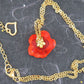 Collier 20 po avec fleur corolle en verre de Murano rouge vif, chaîne acier inoxydable doré
