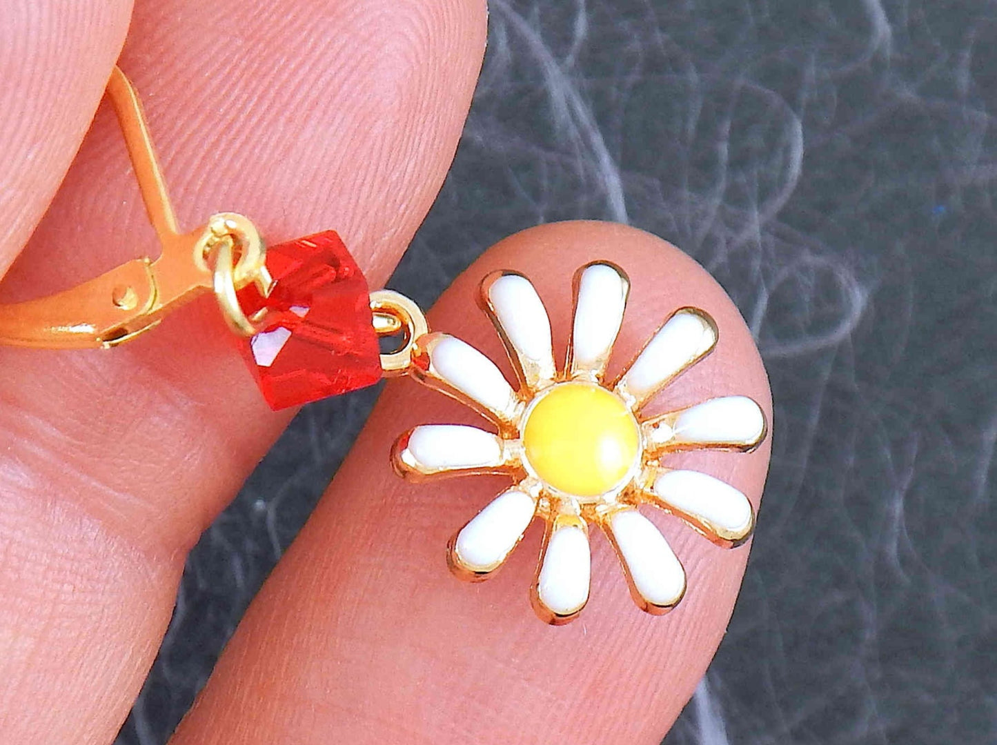 Short earrings with tiny white and yellow enamelled daisies, choice of green-red-blue Swarovski crystals, gold-toned stainless steel lever back hooks