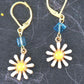 Short earrings with tiny white and yellow enamelled daisies, choice of green-red-blue Swarovski crystals, gold-toned stainless steel lever back hooks