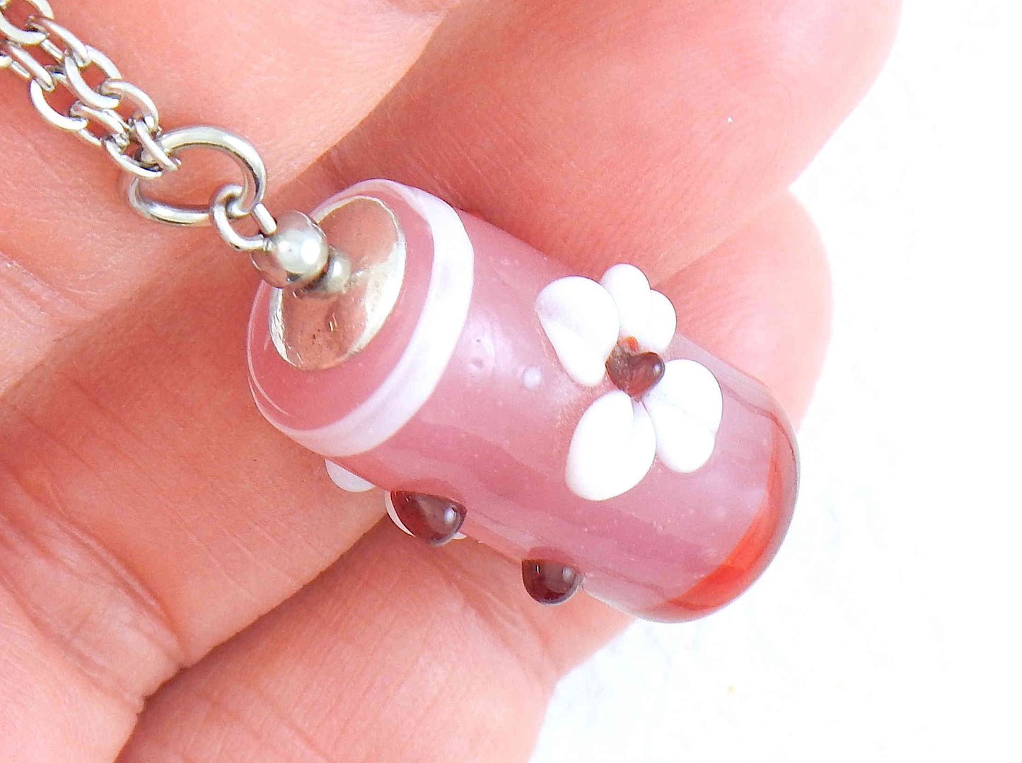 24- or 29-inch necklace with Murano glass cylinder in pink tones, 3D flowers, stainless steel chain