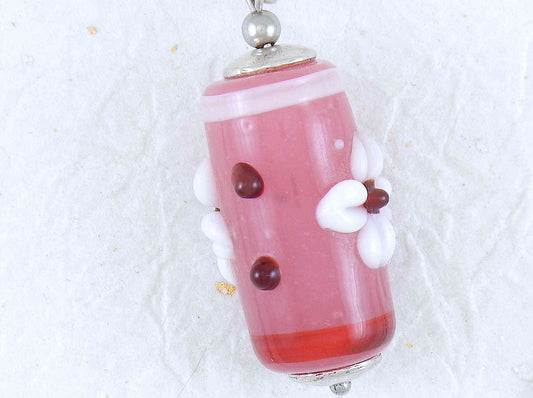 24- or 29-inch necklace with Murano glass cylinder in pink tones, 3D flowers, stainless steel chain