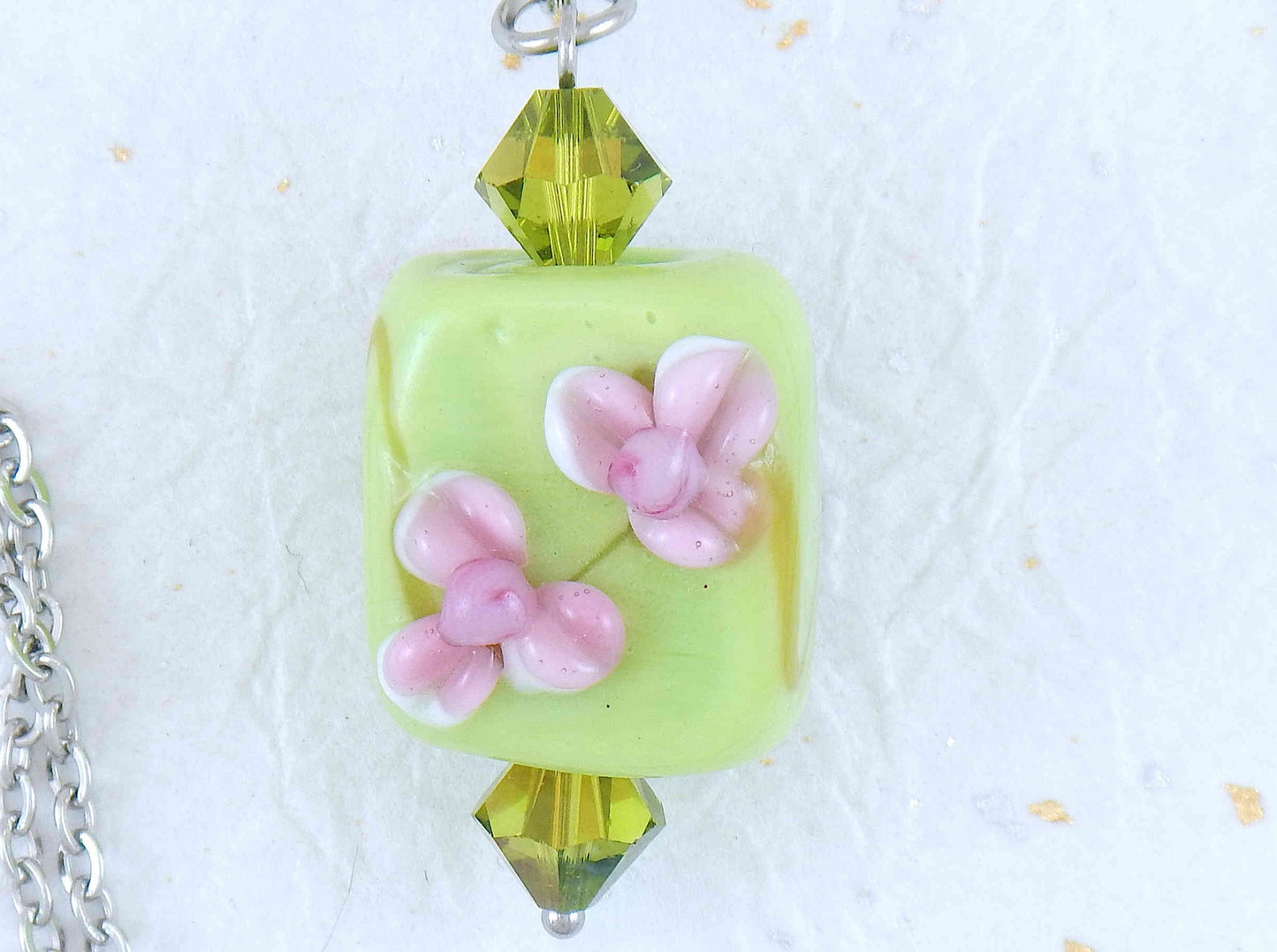 24- or 29-inch necklace with Murano glass lime green square, pink 3D flowers, Olive AB Swarovski bicones, stainless steel chain