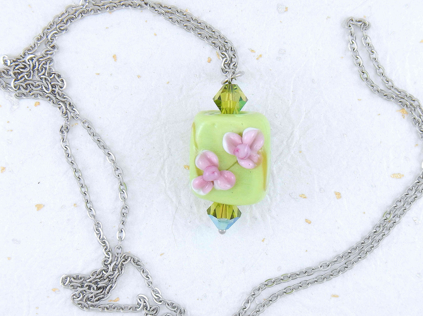 24- or 29-inch necklace with Murano glass lime green square, pink 3D flowers, Olive AB Swarovski bicones, stainless steel chain