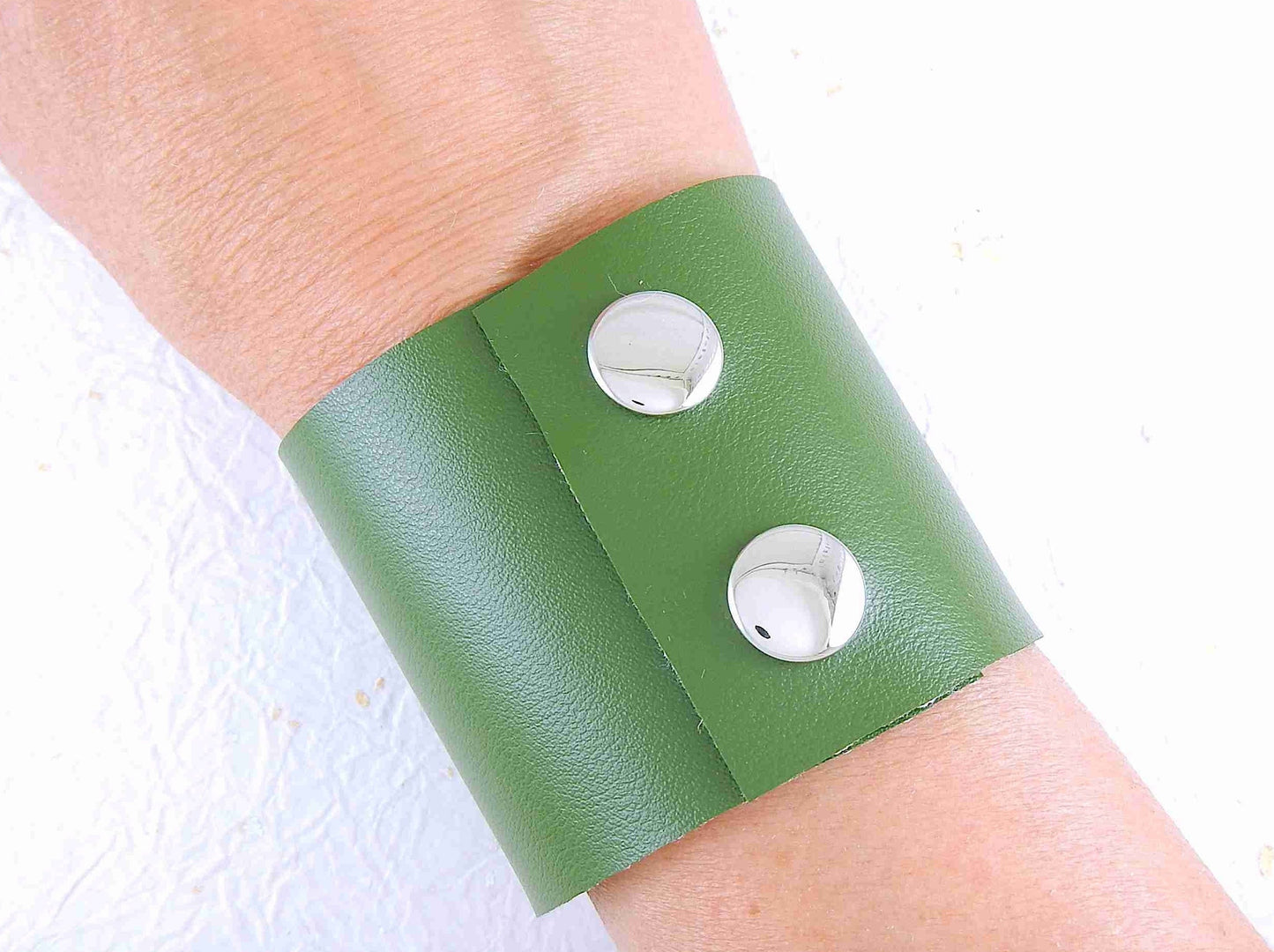 50mm cactus leather cuff bracelet in 3 colours (apple green, tan, black), stainless steel snap buttons