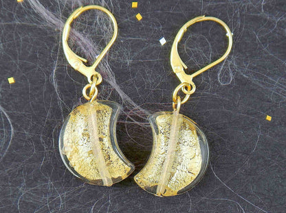 Short earrings with Murano glass half-moons, gold foil, available in 3 colours (clear, blue, khaki), gold-toned stainless steel lever back hooks