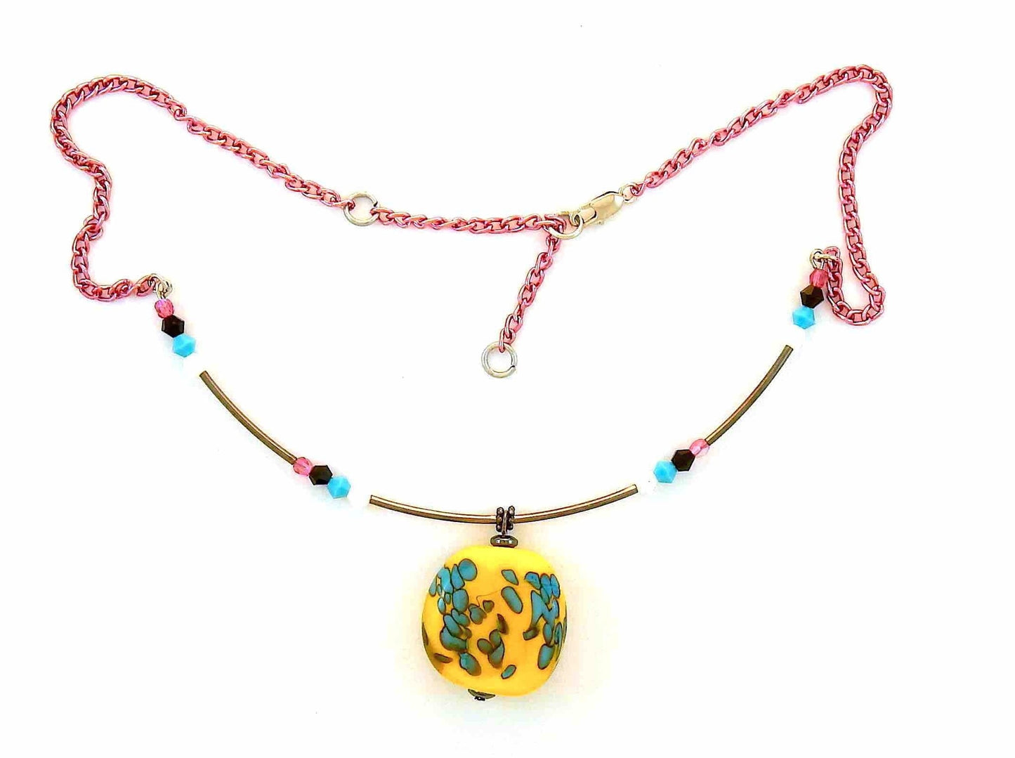 11-inch necklace with bright yellow-pink-blue-white modern art style pendant (Murano-style glass handmade in Montreal), matching Swarovski crystals, hoop design, pink aluminum chain