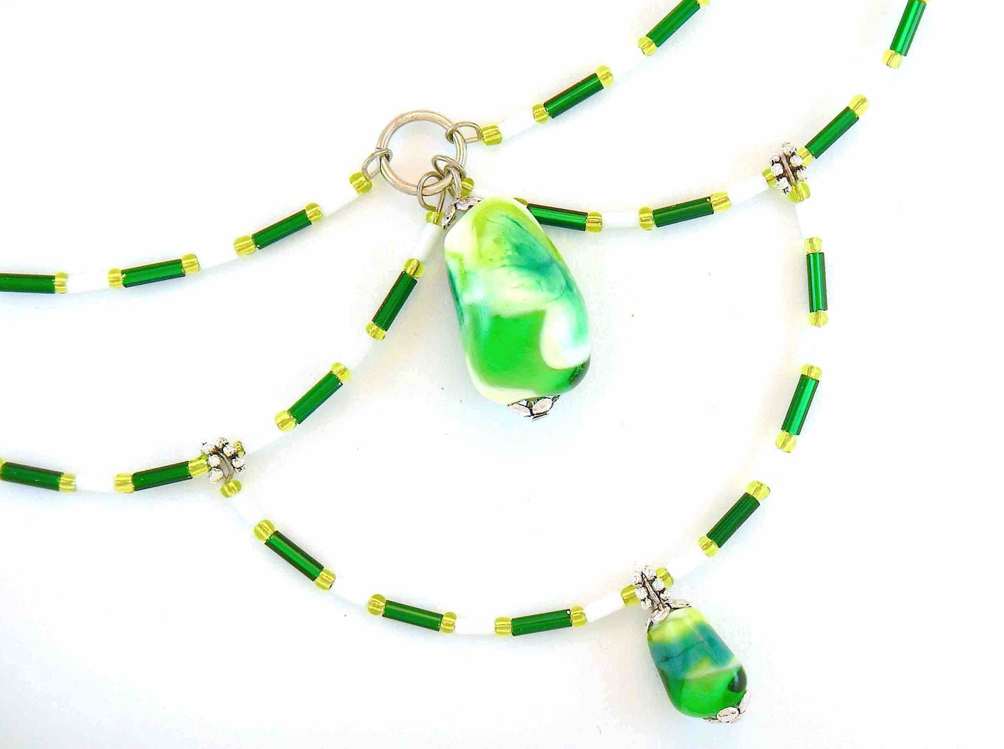 15-inch signature necklace with articulated green and white hoops and lampworked glass beads (Murano-style glass handmade in Montreal)