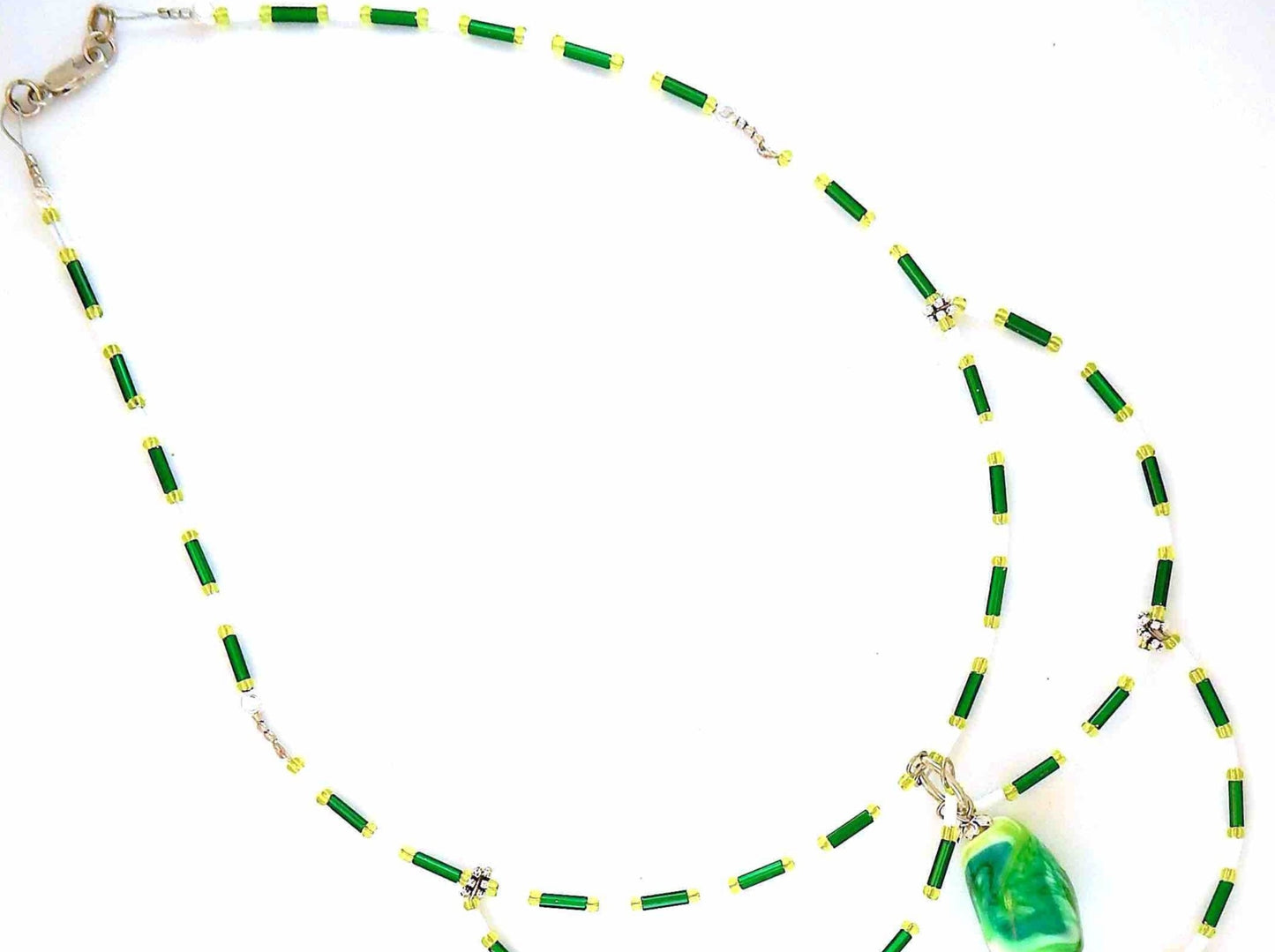 15-inch signature necklace with articulated green and white hoops and lampworked glass beads (Murano-style glass handmade in Montreal)
