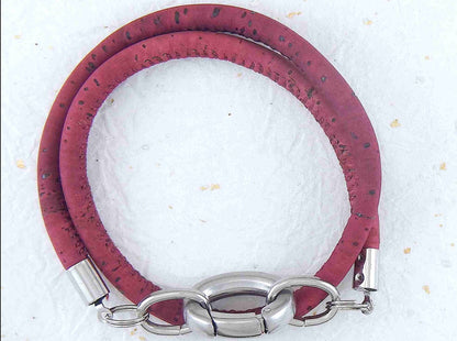 Double-row 6mm round cork bracelet with oval stainless steel clasp in 4 warm colours (burgundy, coral, berry, violet)