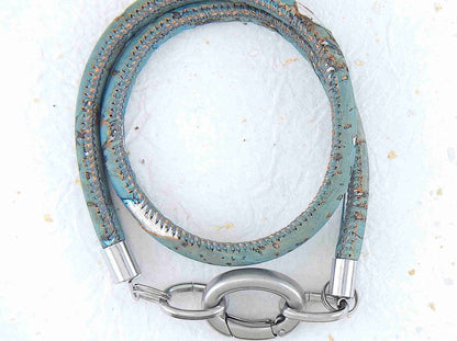 Double-row 6mm round cork bracelet with oval stainless steel clasp in 5 cool colours (sky blue, navy, turquoise-silver, turquoise-red, green)