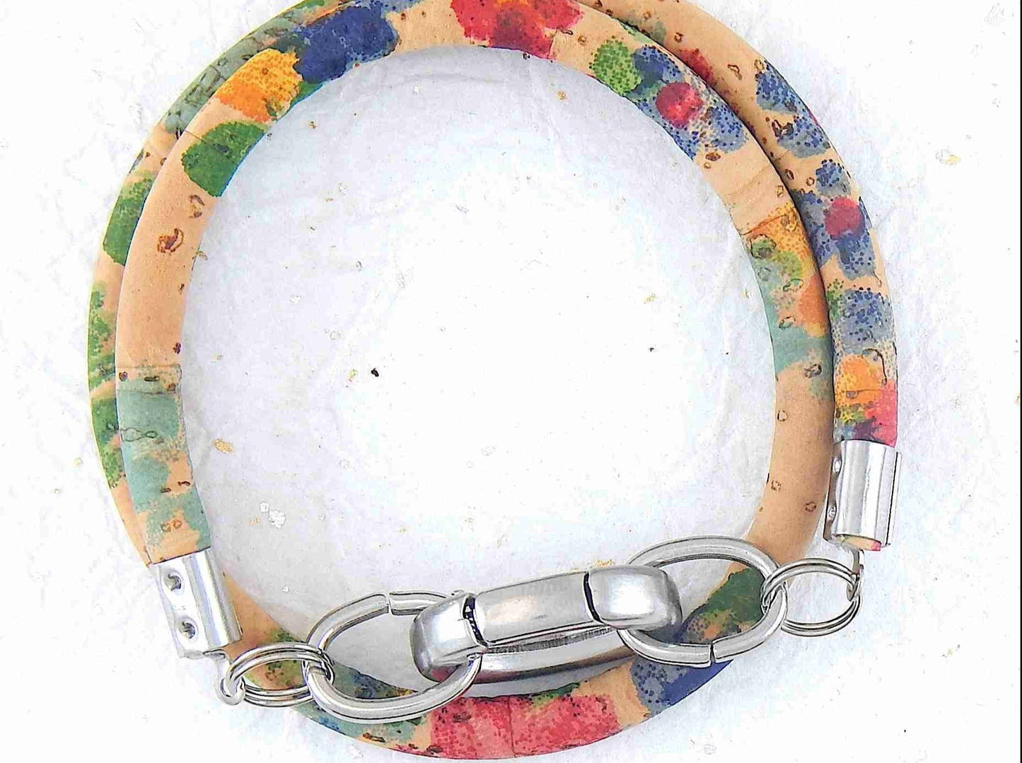 Double-row 6mm round cork bracelet with oval stainless steel clasp in 4 patterns (leopard, bright flowers, soft flowers, natural with silver speckles)