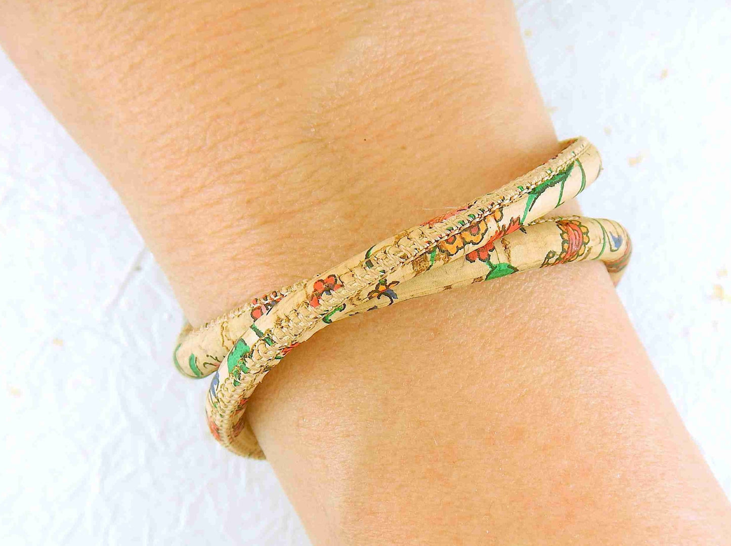 Double-row 6mm round cork bracelet with oval stainless steel clasp in 4 patterns (leopard, bright flowers, soft flowers, natural with silver speckles)