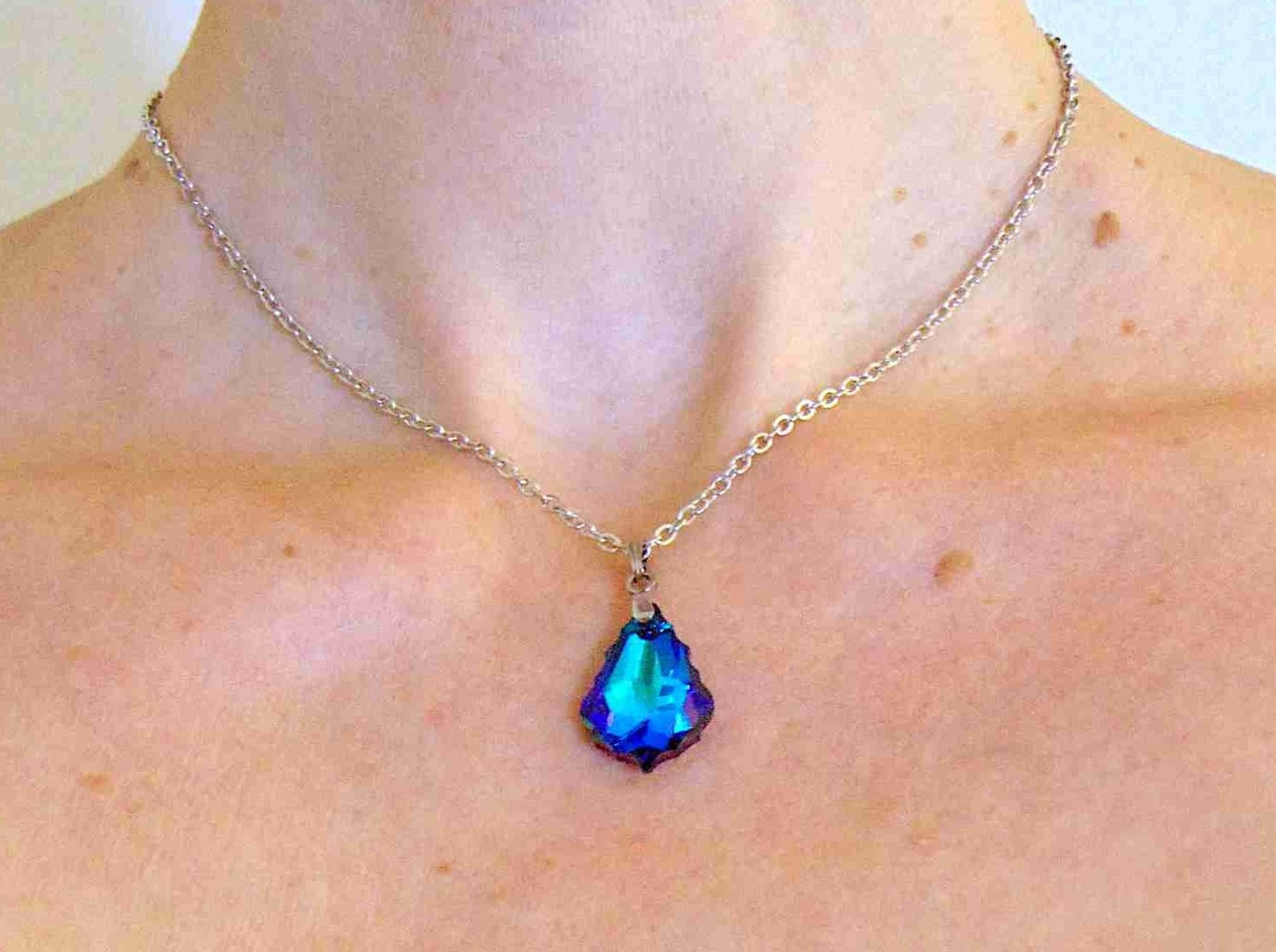 16-inch necklace with 22mm Heliotrope (turquoise, blue, violet) baroque Swarovski crystal pendant, stainless steel chain