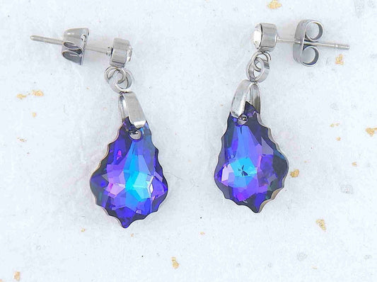 Short earrings with 16mm Heliotrope (blue/violet) baroque Swarovski crystals, stainless steel studs with tiny clear crystals