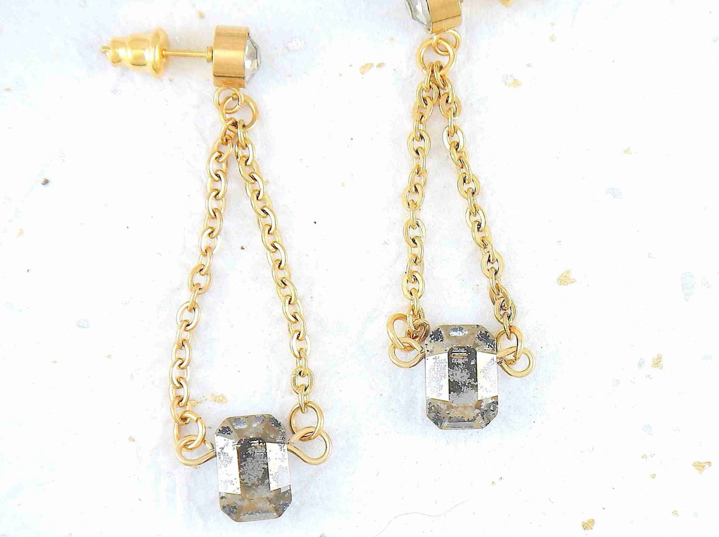 Long earrings with 10mm Gold Patina patterned Swarovski crystal pendulums, gold-toned stainless steel chain and crystal posts