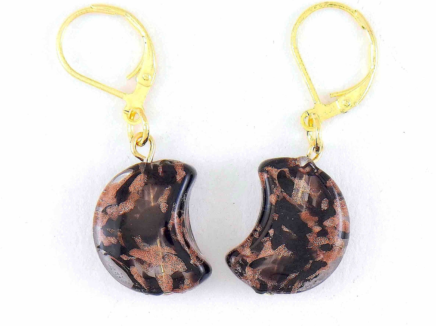 Short earrings with dark blue marbled Murano glass half-moons, gold-toned stainless steel lever back hooks