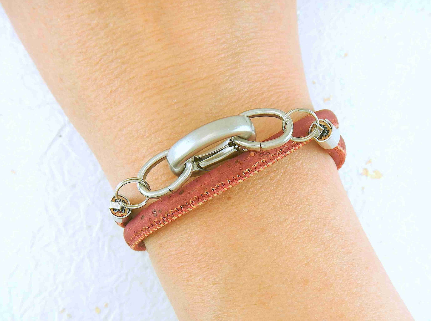 Double-row 6mm round cork bracelet with oval stainless steel clasp in 4 warm colours (burgundy, coral, berry, violet)
