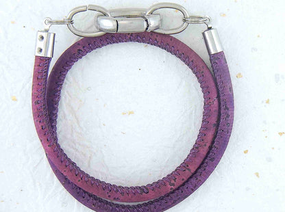 Double-row 6mm round cork bracelet with oval stainless steel clasp in 4 warm colours (burgundy, coral, berry, violet)