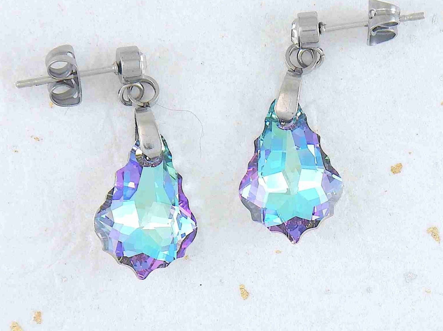 Short earrings with 16mm Vitrail Light (blue/lilac) baroque Swarovski crystals, stainless steel studs with tiny clear crystals