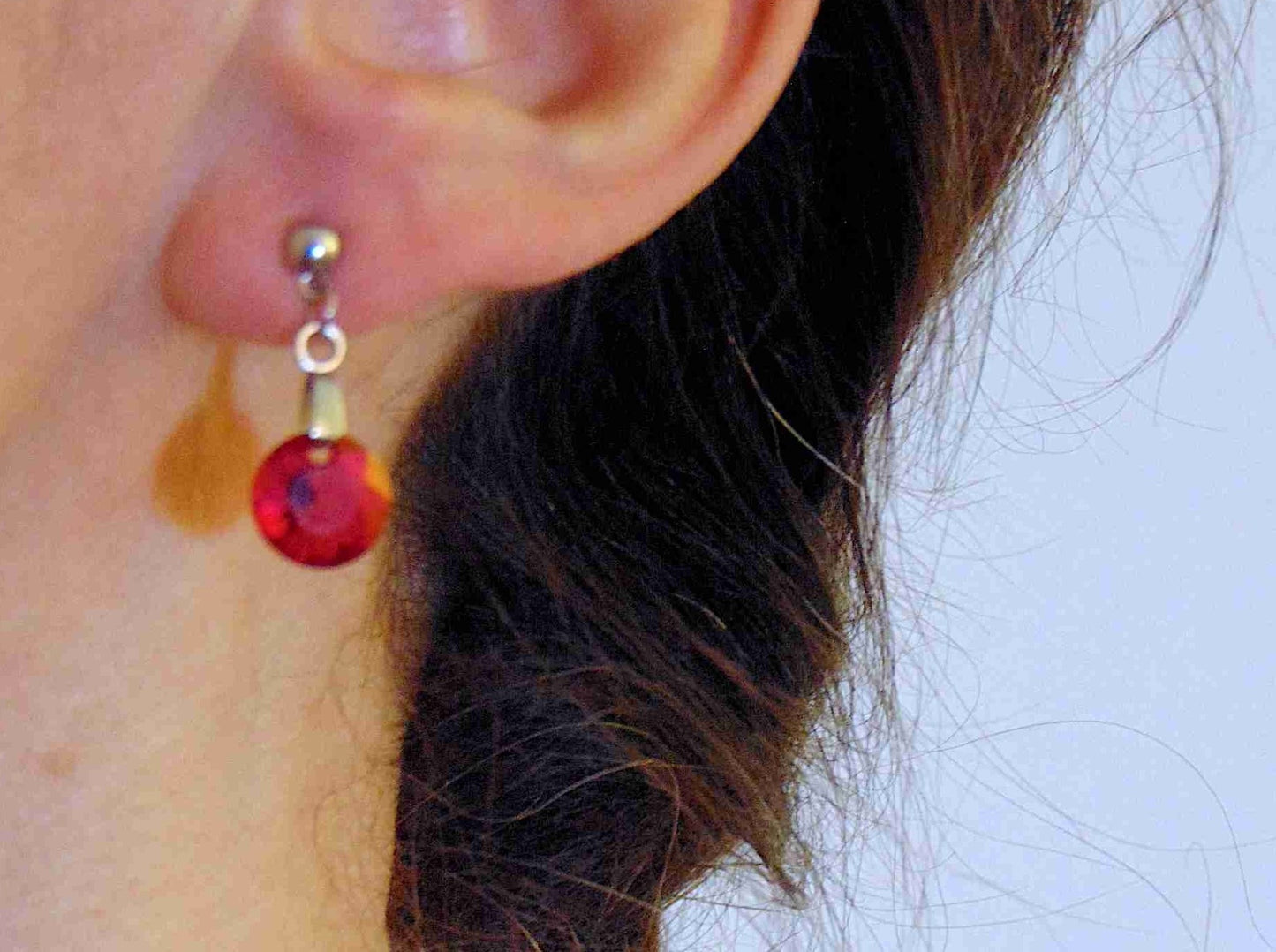 Short earrings with 10mm Astral Pink/Light Siam (red/pink) Classic Cut Swarovski crystals, stainless steel studs with tiny crystals
